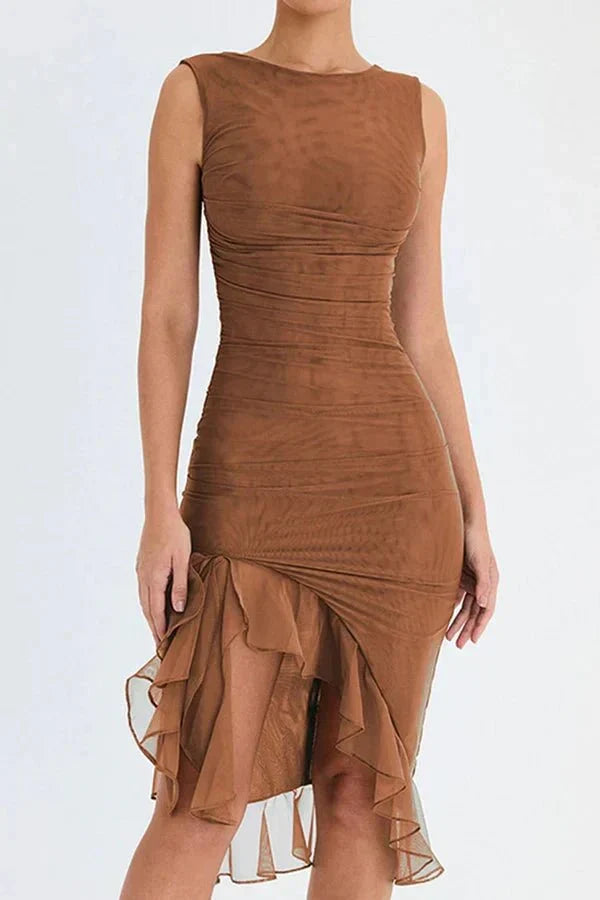 Women's Ruched Sleeveless Midi Dress - Elegant Wedding Guest Attire