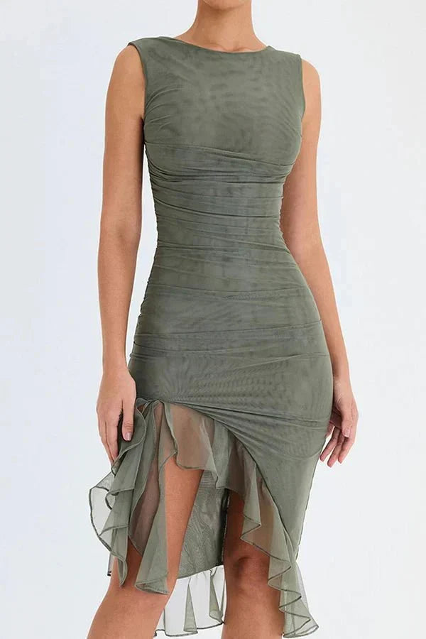 Women's Ruched Sleeveless Midi Dress - Elegant Wedding Guest Attire