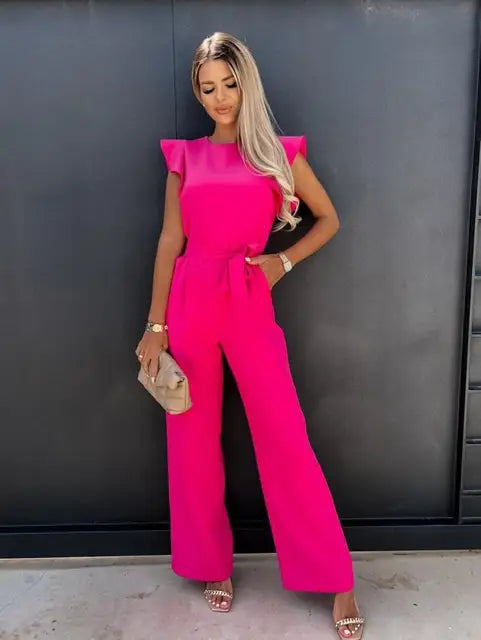 Women's Ruffle Sleeve Jumpsuit with Belt - Elegant Wide Leg Fit