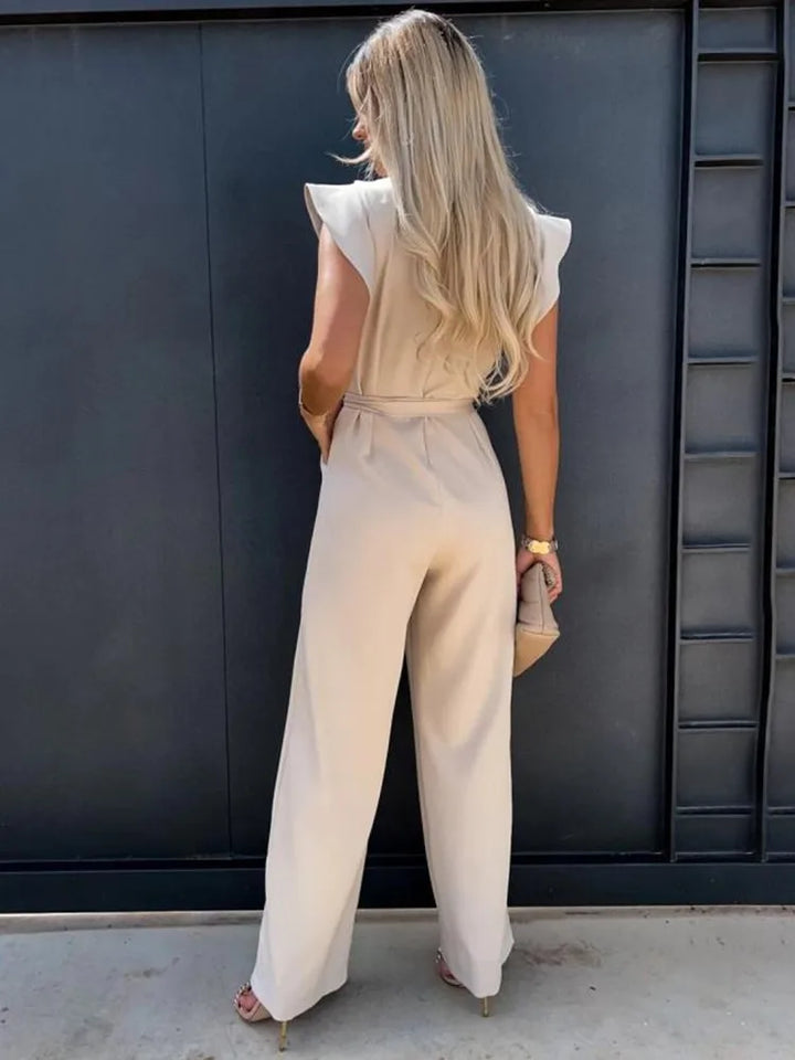 Women's Ruffle Sleeve Jumpsuit with Belt - Elegant Wide Leg Fit