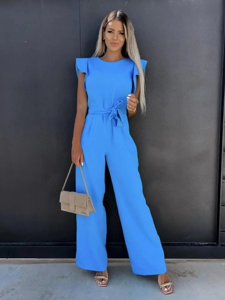 Women's Ruffle Sleeve Jumpsuit with Belt - Elegant Wide Leg Fit