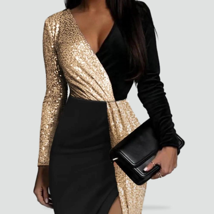 Elegant midi dress for women with sequins and V-neck
