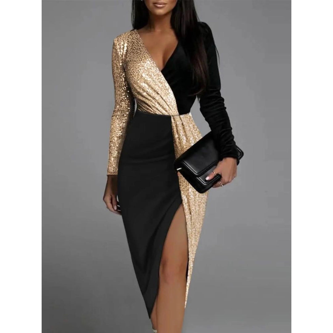 Elegant midi dress for women with sequins and V-neck