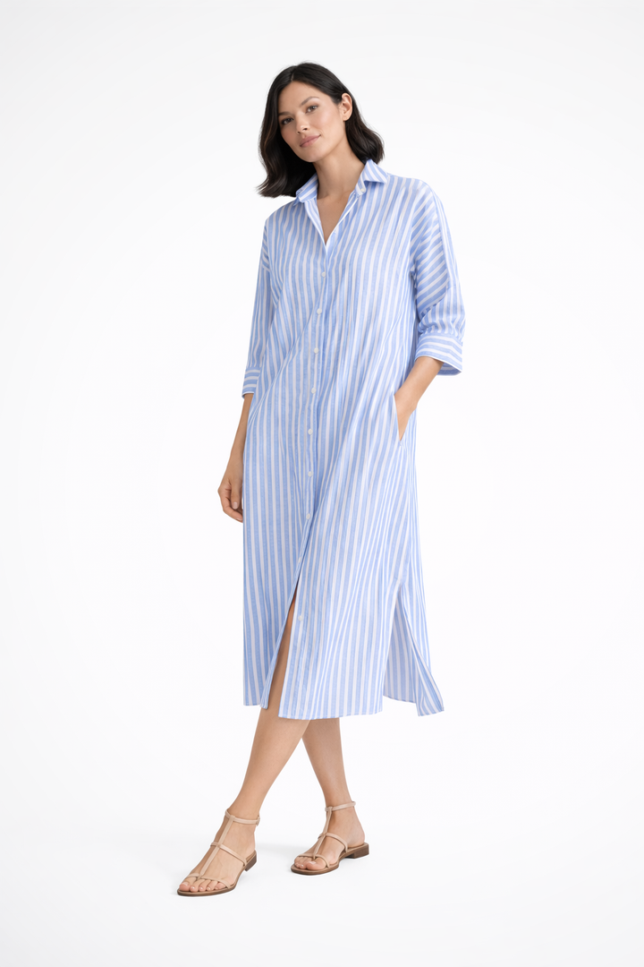Women's Striped Midi Shirt Dress with Button Front
