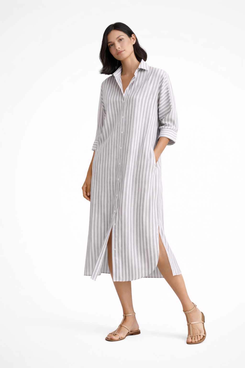 Women's Striped Midi Shirt Dress with Button Front