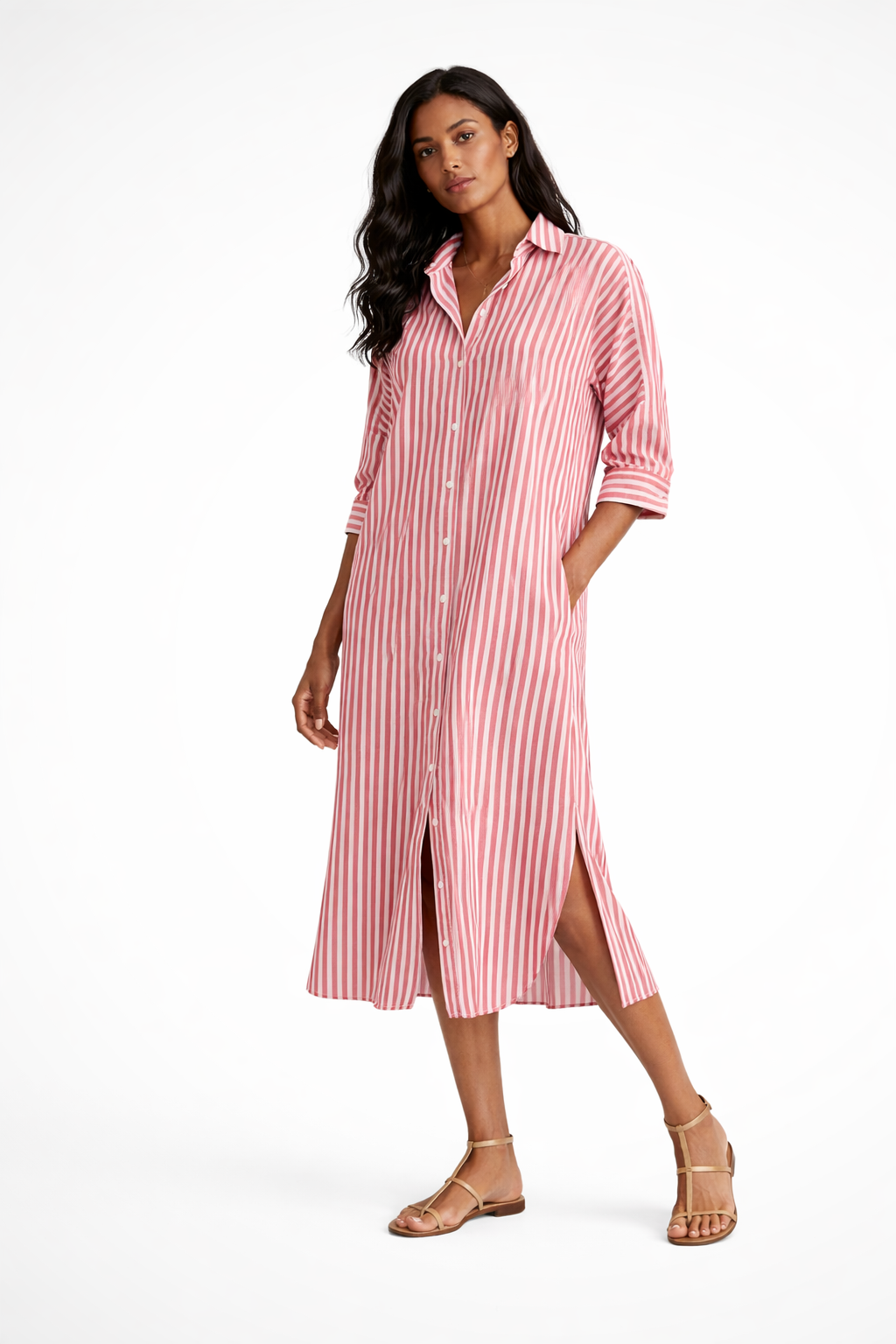 Women's Striped Midi Shirt Dress with Button Front
