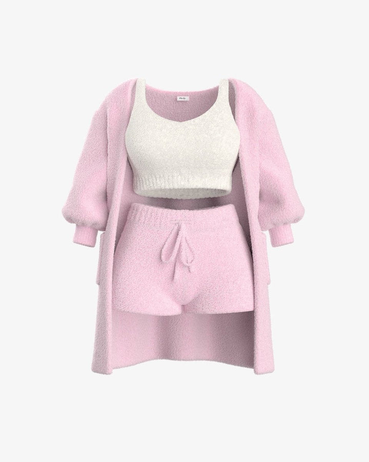 Emma & Rose Cape Town Fleur™ CozyJuli grey knitted loungewear set featuring a top, pants, and cardigan for comfortable casual wear
