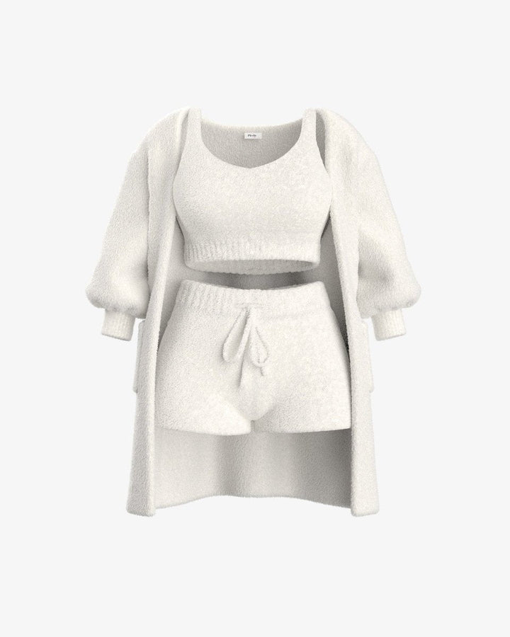 Emma & Rose Cape Town Fleur CozyJuli grey knitted loungewear set with three pieces, including a top, bottoms, and a cardigan.