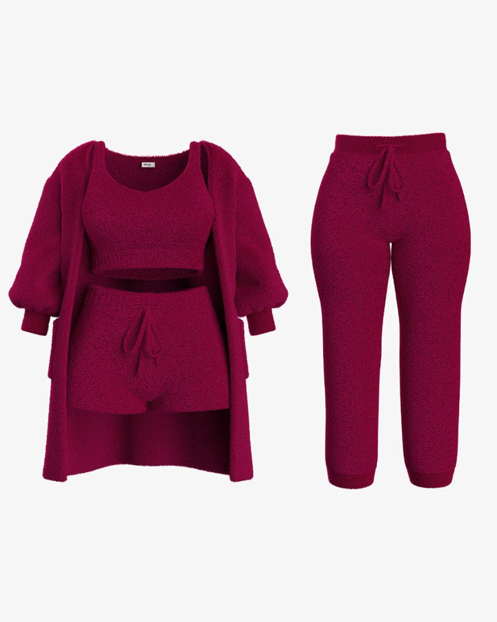 Emma & Rose Cape Town Fleur™ CozyJuli grey knitted loungewear set featuring a top, pants, and cardigan on a model.