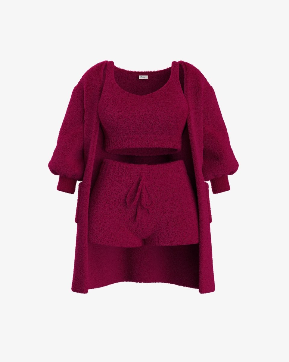 Emma & Rose Cape Town Fleur™ CozyJuli grey knitted loungewear set with a top, pants, and cardigan on a model.