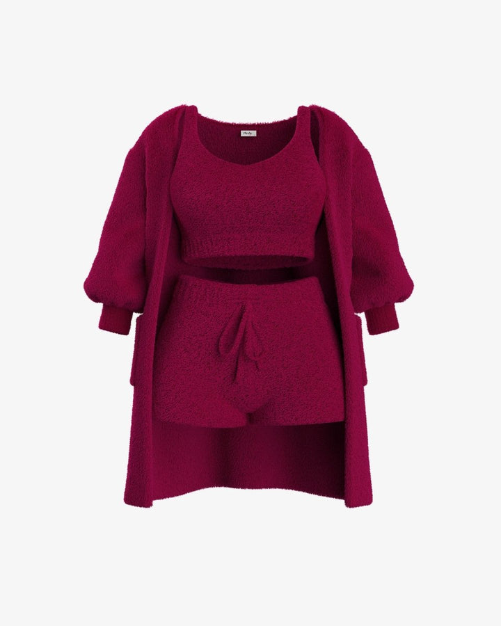 Emma & Rose Cape Town Fleur™ CozyJuli grey knitted loungewear set with a top, pants, and cardigan on a model.