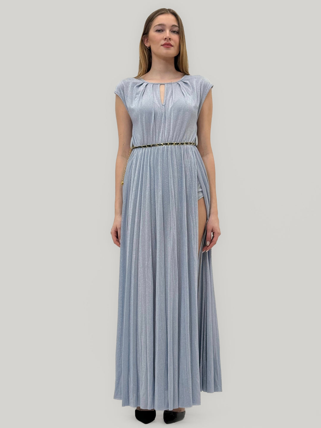 Emma & Rose Cape Town Anke™ long laminated dress with split in dusty blue, featuring a flowing, elegant design.