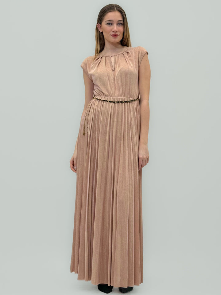 Emma & Rose Cape Town Anke™ long laminated dress with front split in dusty blue, elegant abiti style, fabric with a shiny finish.