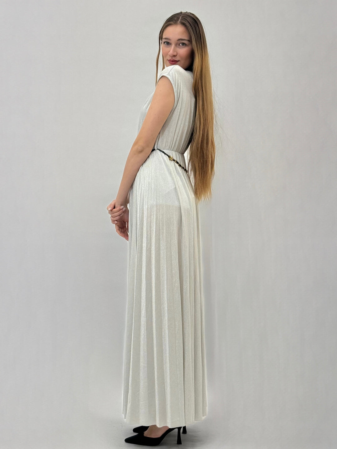 Emma & Rose Cape Town Anke long laminated dress with split in dusty blue, showcasing elegant, flowing fabric and stylish design.