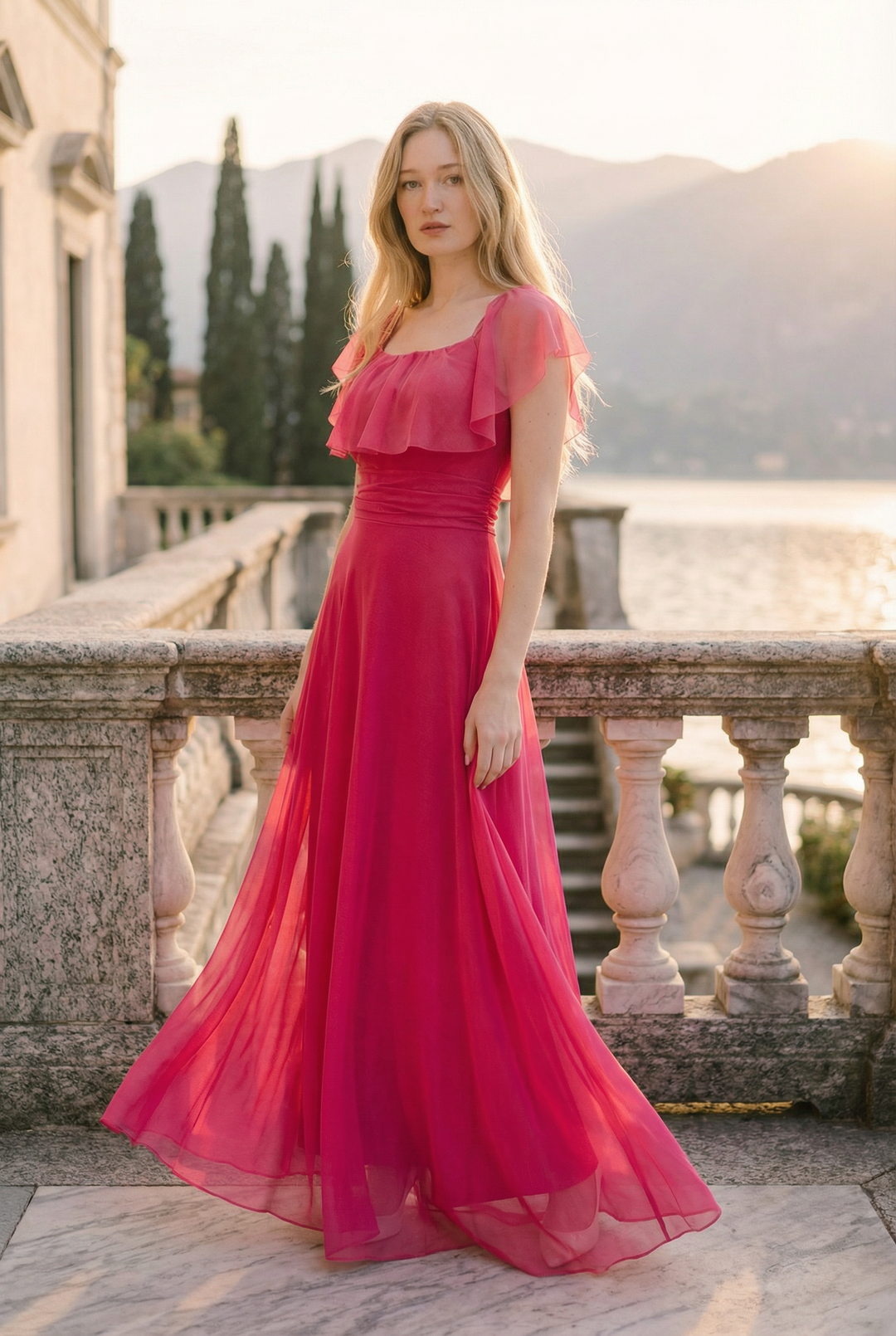 Fuchsia Carien™ Arden long ceremony dress by Emma & Rose Cape Town, elegant evening gown with flowing fabric and detailed design