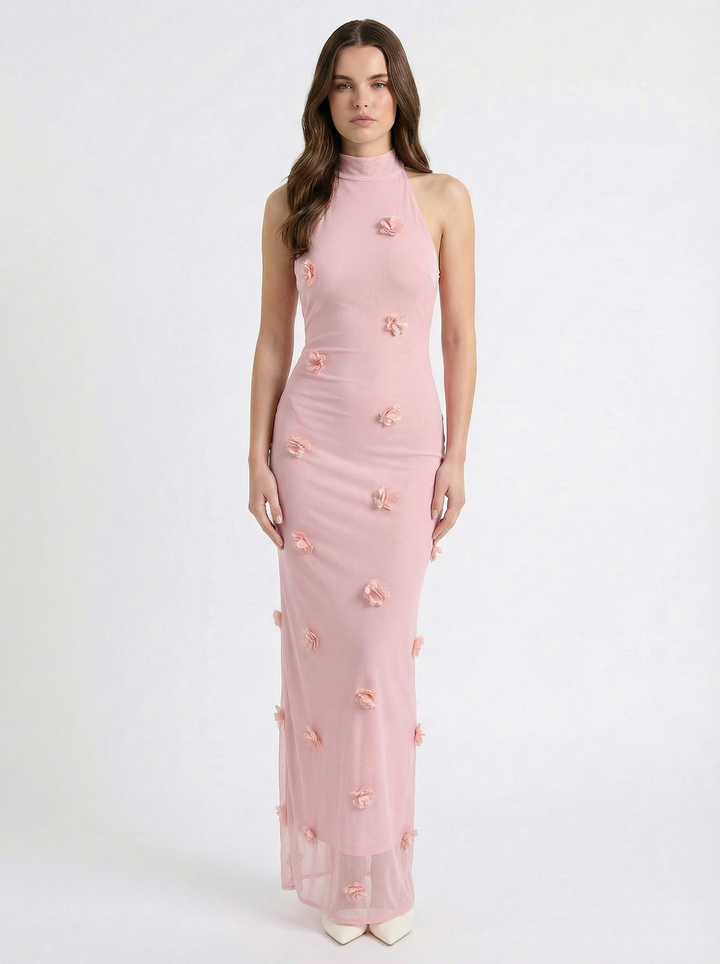 Light blue Fitted™ long dress by Emma & Rose Cape Town with floral applications, elegant and form-fitting for special occasions.