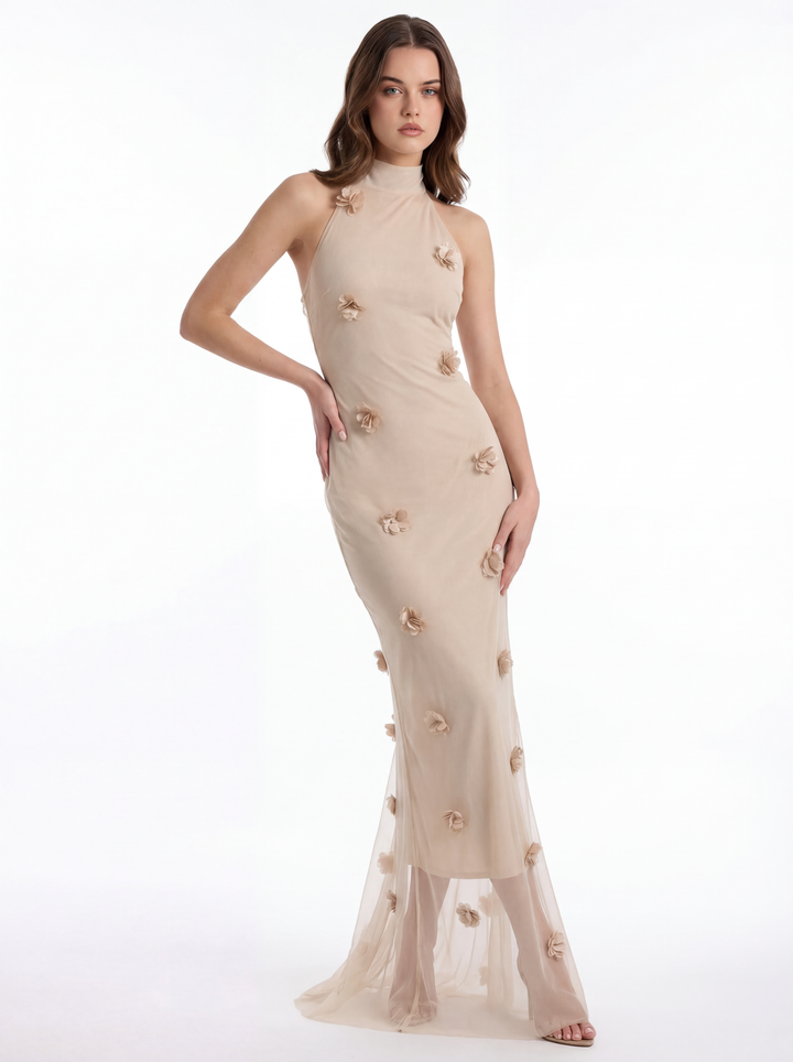 Light blue Fitted™ long dress by Emma & Rose Cape Town with floral appliqué details, elegant and form-fitting for special occasions.