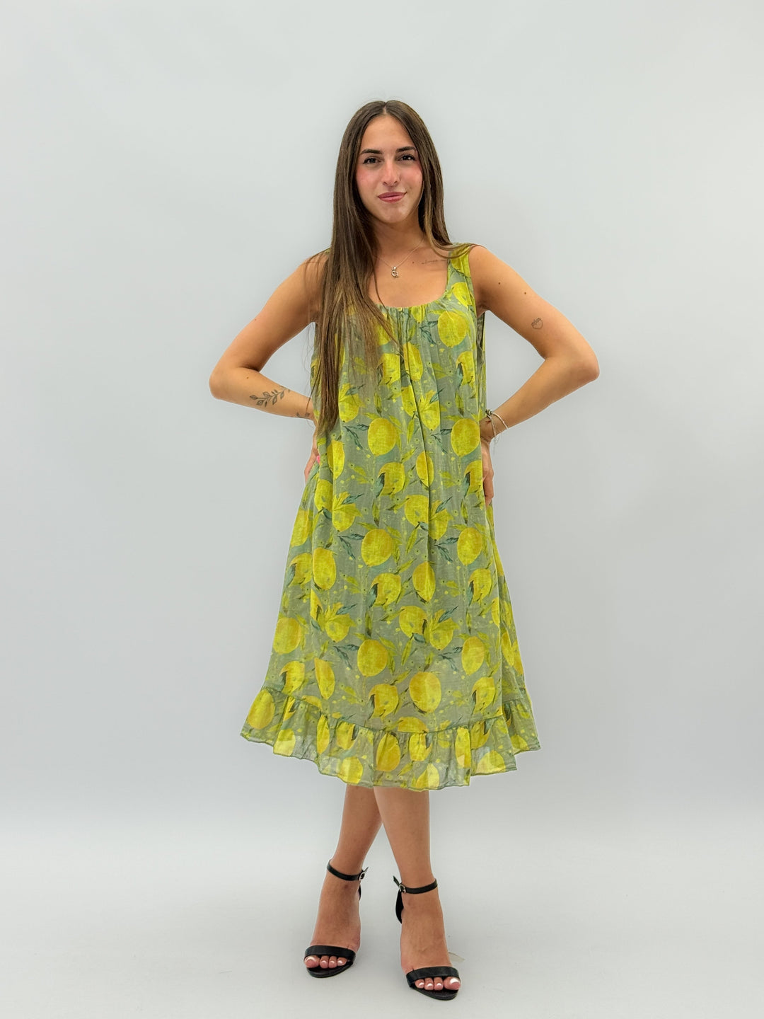 Yellow Lemon™ print dress by Emma & Rose Cape Town, lightweight abiti with vibrant citrus pattern and flowing fabric.