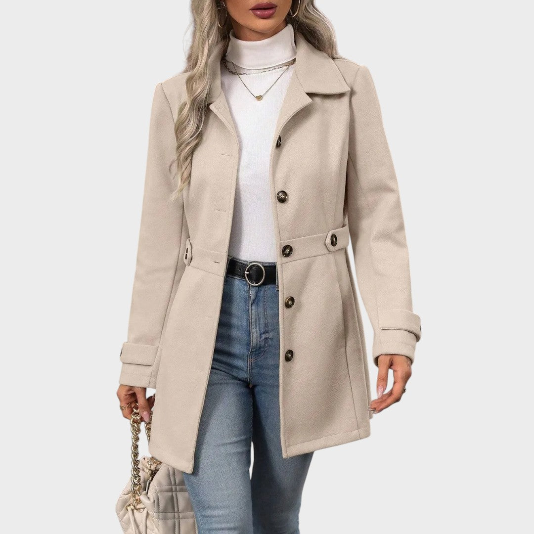Emma & Rose Cape Town Channel™ Elegant Coat, stylish black abrigo with tailored fit and classic design, front view on model.