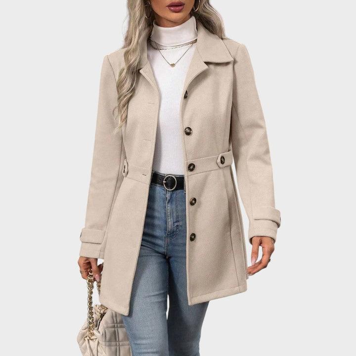Emma & Rose Cape Town Channel™ Elegant Coat, stylish black abrigo with tailored fit and classic design, front view on model.