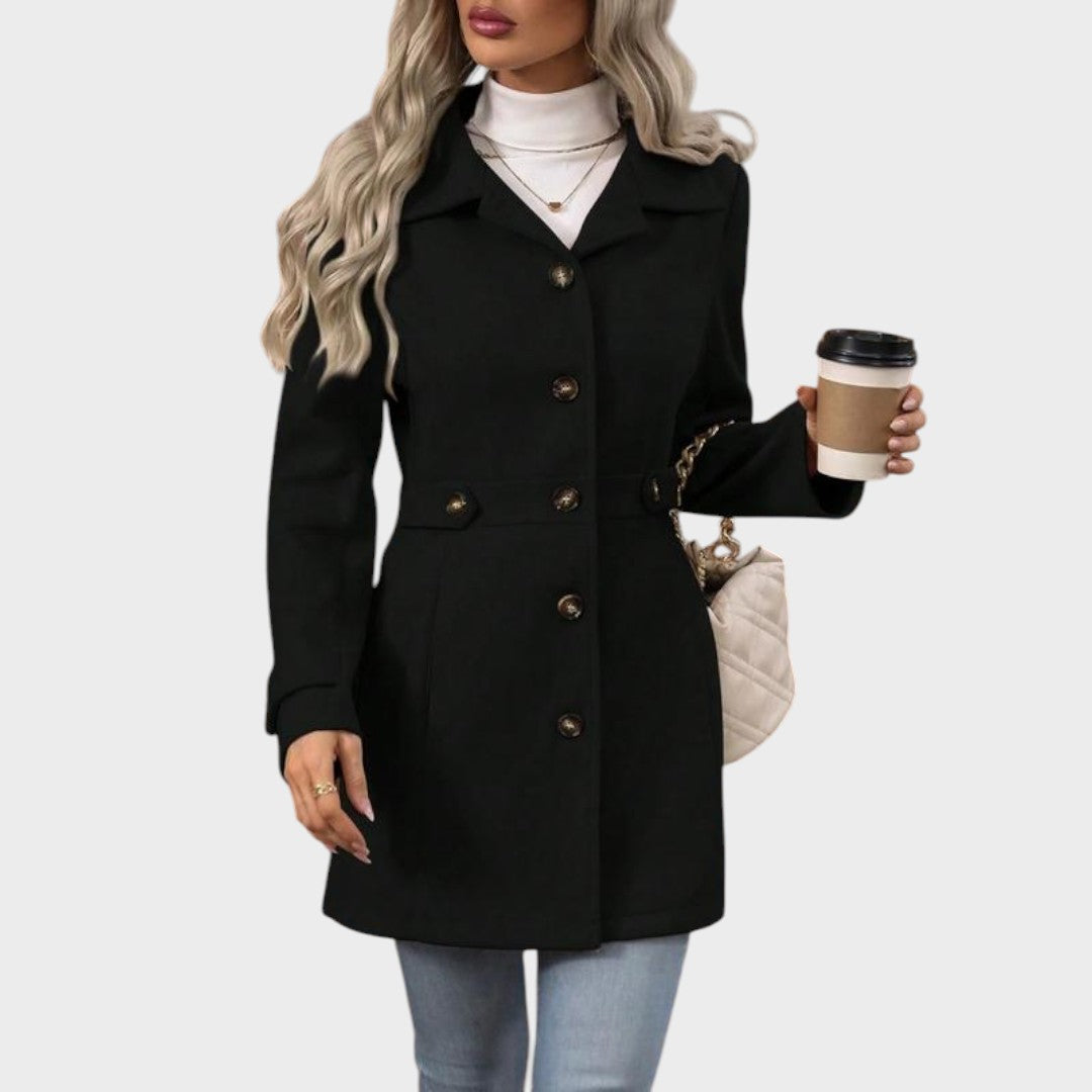 Emma & Rose Cape Town Channel™ Elegant Coat, stylish dark-colored abrigo with tailored fit and classic design.