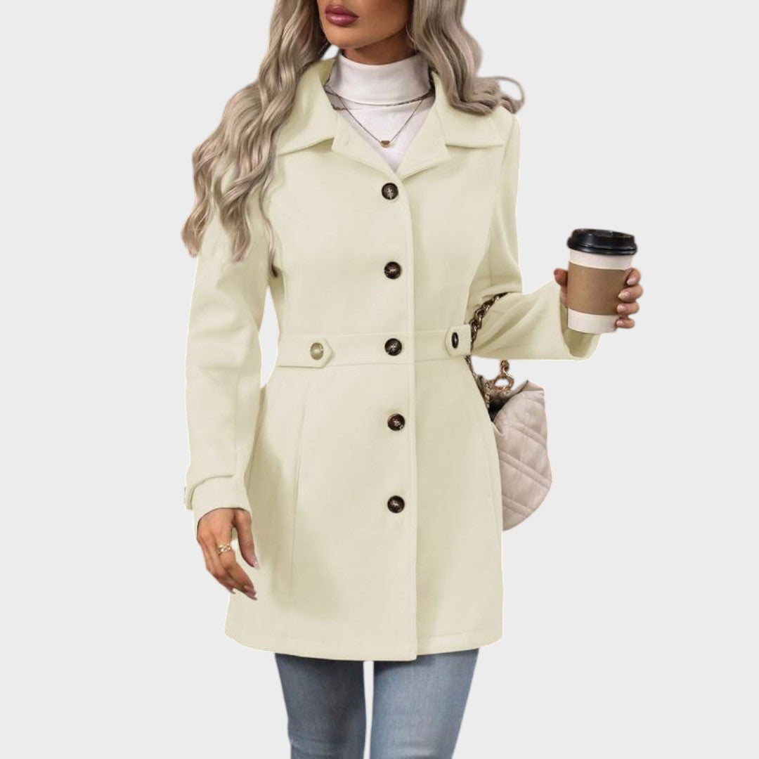 Emma & Rose Cape Town Channel™ Elegant Coat, stylish black abrigo with tailored fit and classic design, front view.