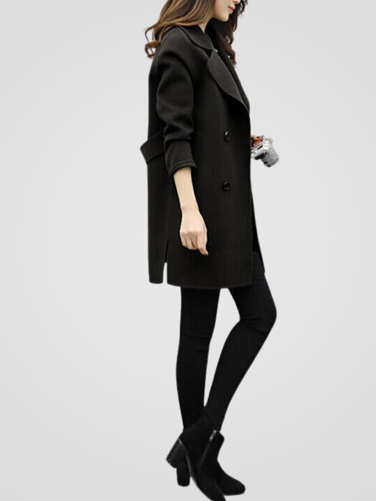 Emma & Rose Cape Town Pol™ elegant coat in army green, showcasing a stylish, tailored design with a high collar and button details.