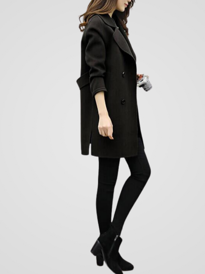 Emma & Rose Cape Town Pol™ elegant coat in army green, showcasing a stylish, tailored design with a high collar and button details.