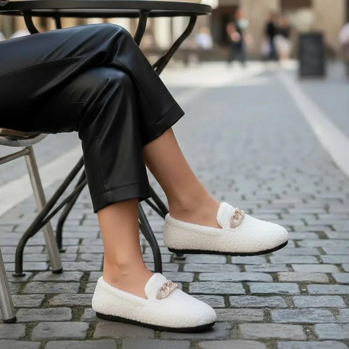 Beige Hanneke™ luxury slippers by Emma & Rose Cape Town with soft fabric and plush interior for comfort.