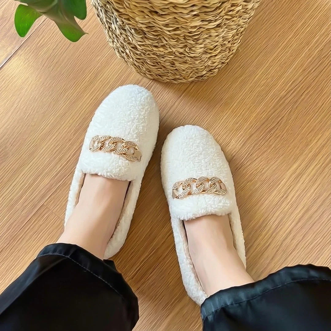 Beige Hanneke luxury slippers by Emma & Rose Cape Town, featuring soft fabric and comfortable slip-on design.