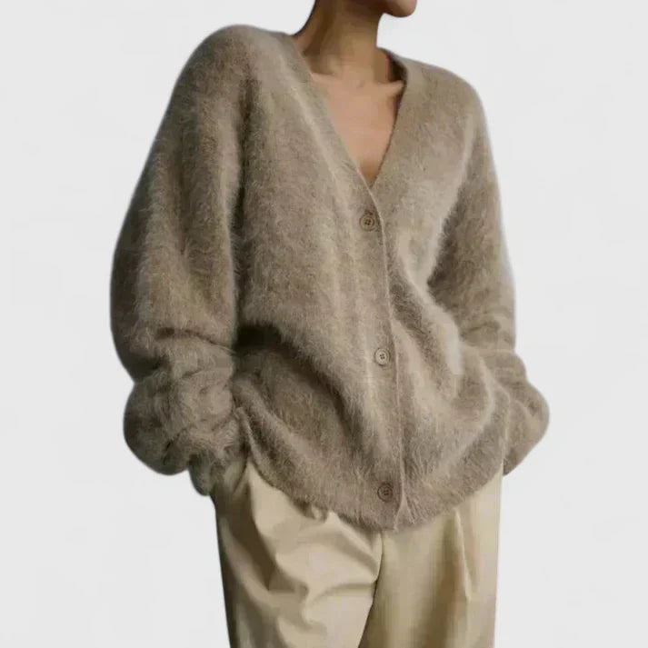 Beige Lucerinna™ comfortable cardigan by Emma & Rose Cape Town, shown flat with open front and soft knit fabric.