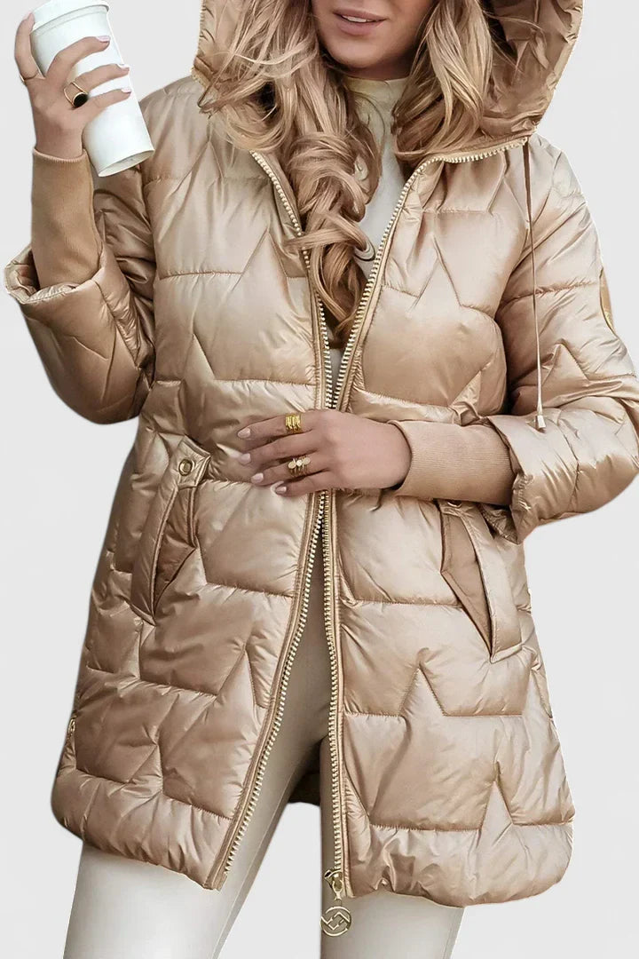Beige Lyzzandra™ comfortable coat by Emma & Rose Cape Town, shown on a hanger with a cozy, stylish design.
