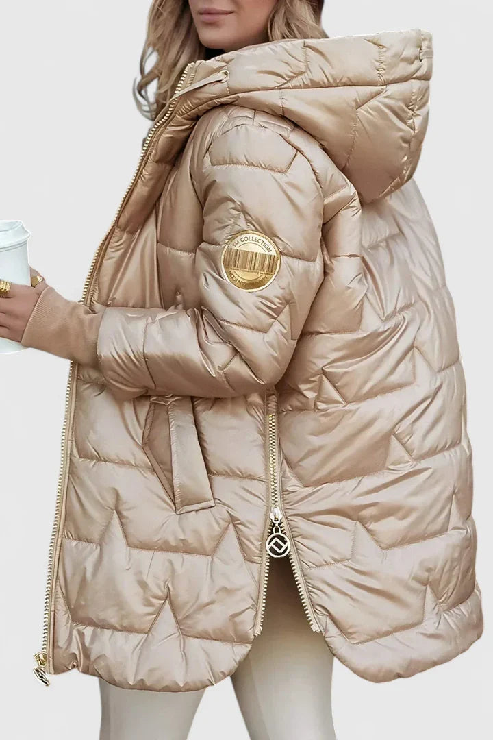 Beige Lyzzandra™ comfortable coat by Emma & Rose Cape Town, featuring a cozy, stylish design and tailored fit.