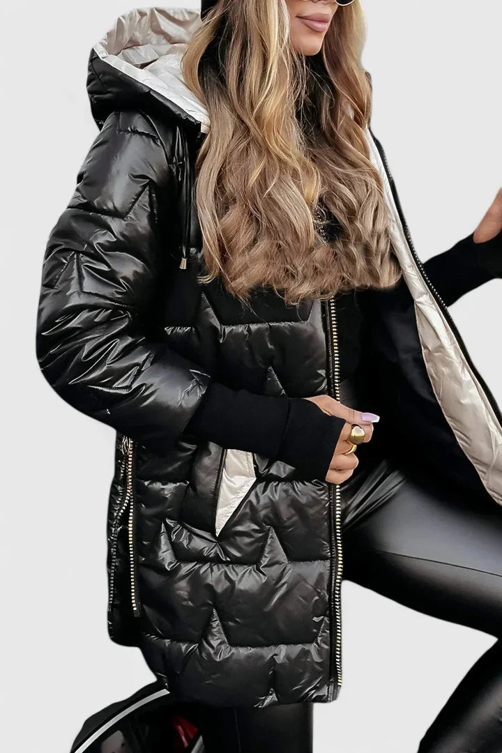 Beige Lyzzandra™ comfortable coat by Emma & Rose Cape Town, shown on a model, featuring a relaxed fit and cozy fabric.