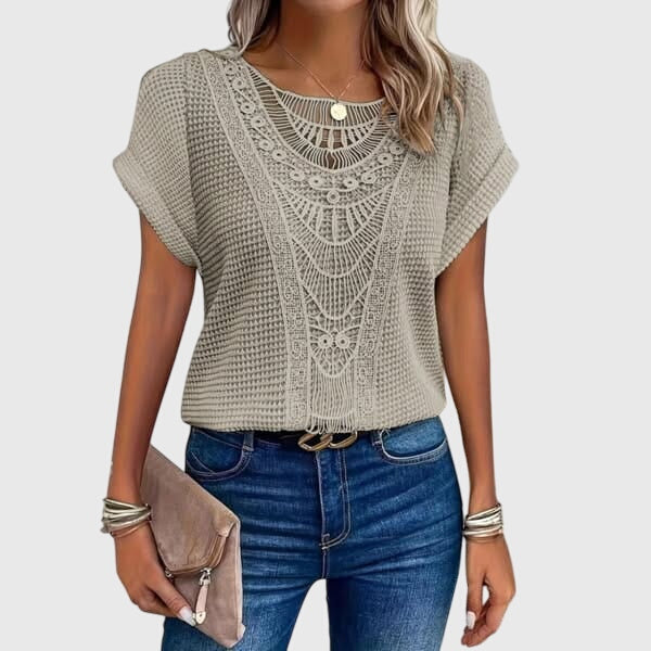 Beige Pearl™ Elegant Ibiza Blouse by Emma & Rose Cape Town featuring lightweight fabric and stylish design.