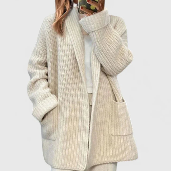 Beige Saryphina™ comfortable cardigan by Emma & Rose Cape Town, soft knit fabric with a relaxed fit and open front design.