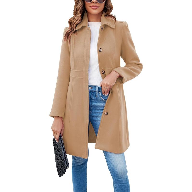 Beige Vivian™ long sleeve single-breasted overcoat by Emma & Rose Cape Town, with tailored fit and classic lapel design.