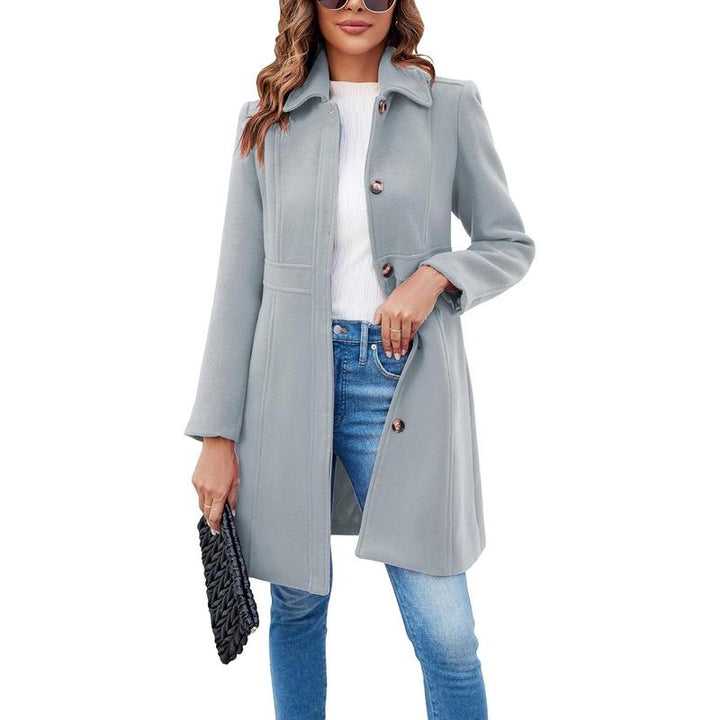 Beige Vivian™ long sleeve single-breasted overcoat by Emma & Rose Cape Town, stylish winter outerwear with tailored fit.
