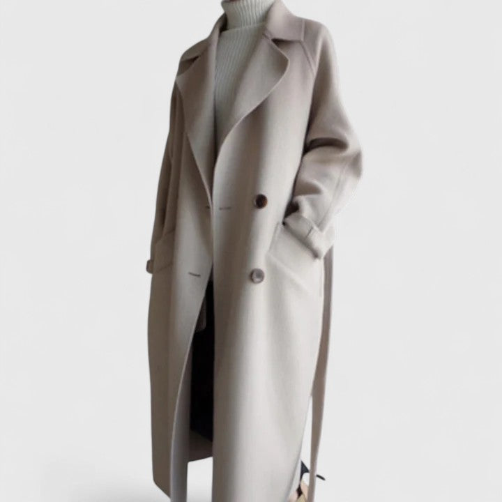 Beige Zyrenya™ elegant coat by Emma & Rose Cape Town, tailored fit with classic collar and stylish design.