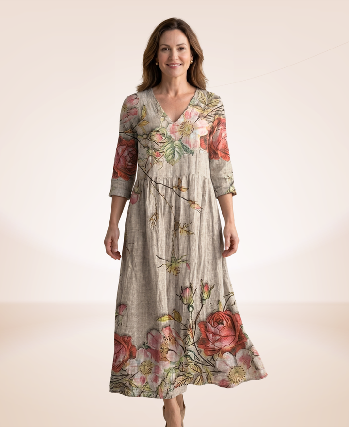 Beige breathable dress by Chantelle from Emma & Rose Cape Town, shown on a model, lightweight and stylish for warm weather.