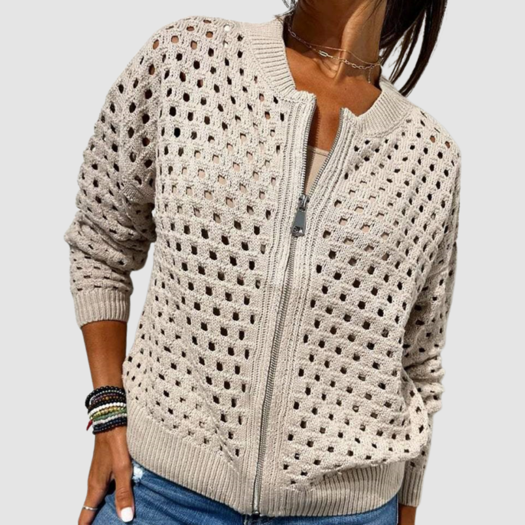Beige Emma & Rose Cape Town Desiré premium knit cardigan with front zip, lightweight and stylish for casual wear.