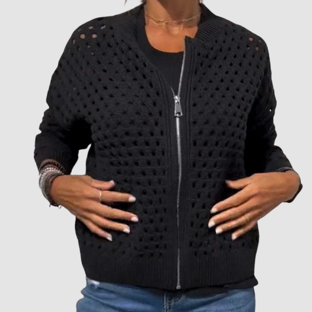 Beige Emma & Rose Cape Town Desiré premium knit cardigan with zip, shown in XS size, featuring a cozy, stylish design.