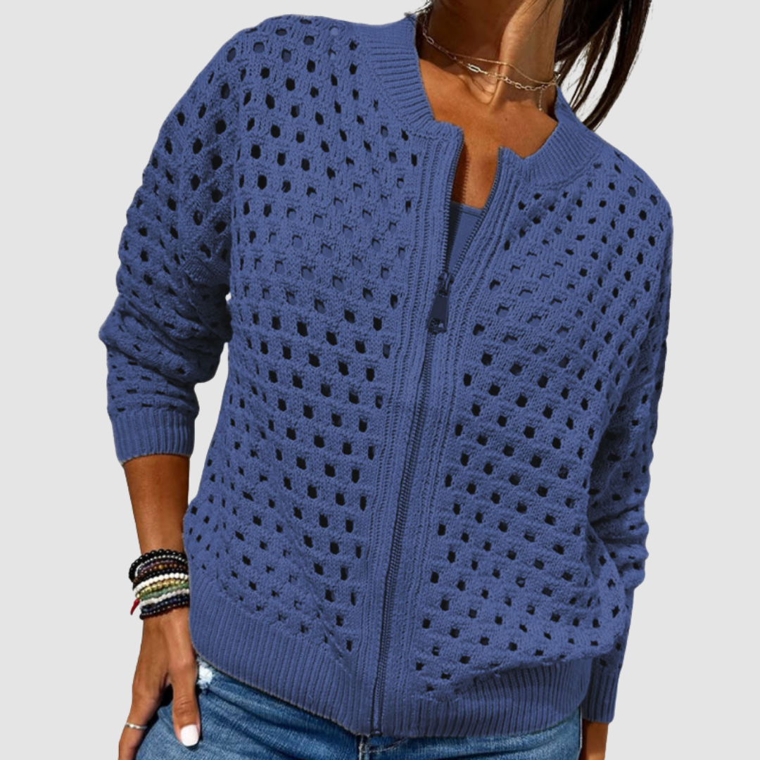 Beige Emma & Rose Cape Town Desiré premium knit zip cardigan, lightweight and cozy, displayed on a hanger.