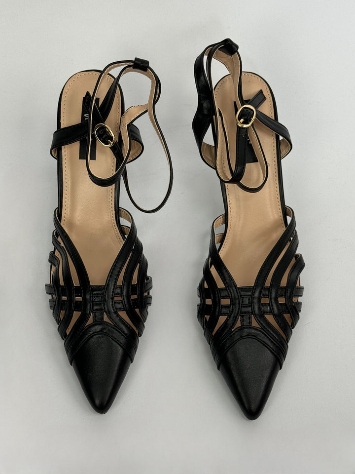 Black Ella™ Chic Sandals by Emma & Rose Cape Town, featuring stylish straps and comfortable flat soles, size 36.