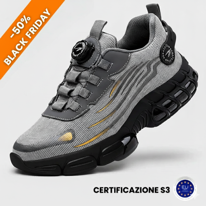 Black Marno Max One S3 safety shoes by Emma & Rose Cape Town, featuring slip-resistant soles and protective toe caps.
