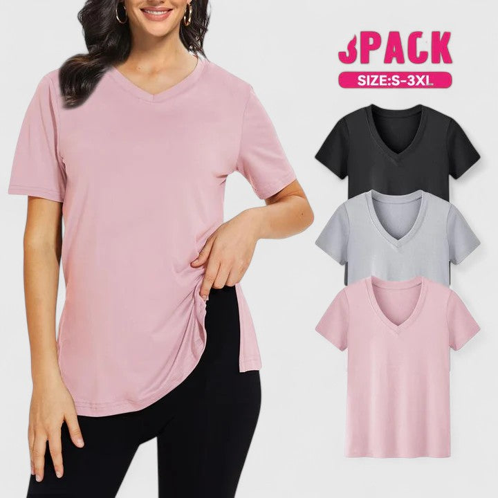 Set of three Emma & Rose Cape Town Samantha™ Essential Tees in black, grey, and pink, casual short-sleeve T-shirts.