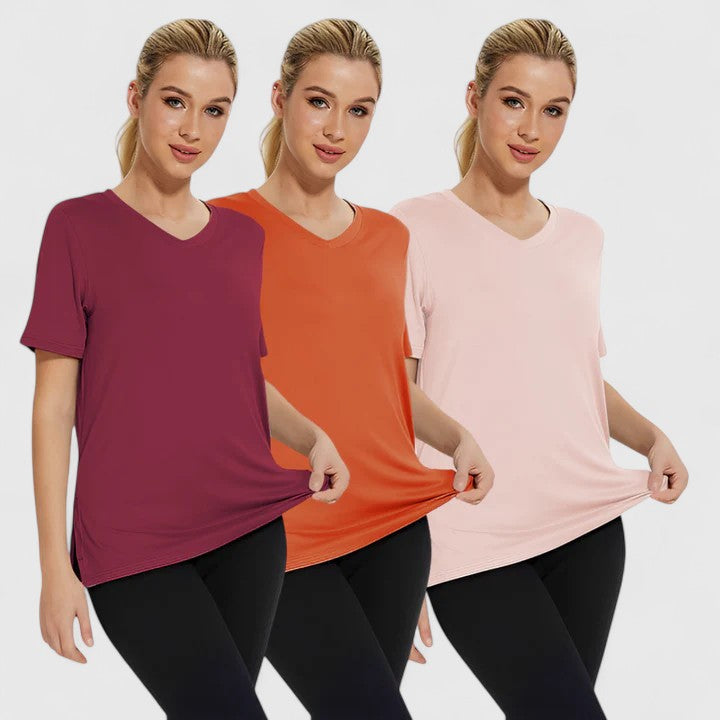 Set of three Emma & Rose Cape Town Samantha Essential Tees in black, grey, and pink, casual short-sleeve T-shirts for women.
