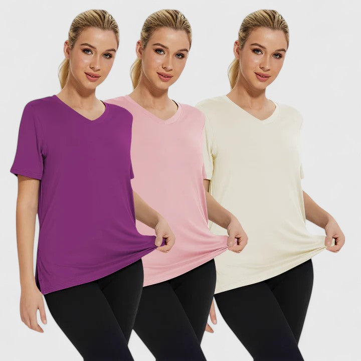 Three Emma & Rose Cape Town Samantha Essential Tees in black, grey, and pink displayed in a 3-pack set.