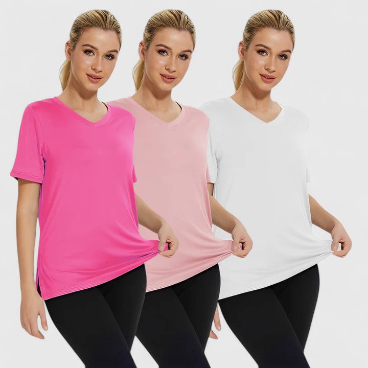Set of three Emma & Rose Cape Town Samantha Essential Tees in black, grey, and pink, casual and comfortable short-sleeve T-shirts.