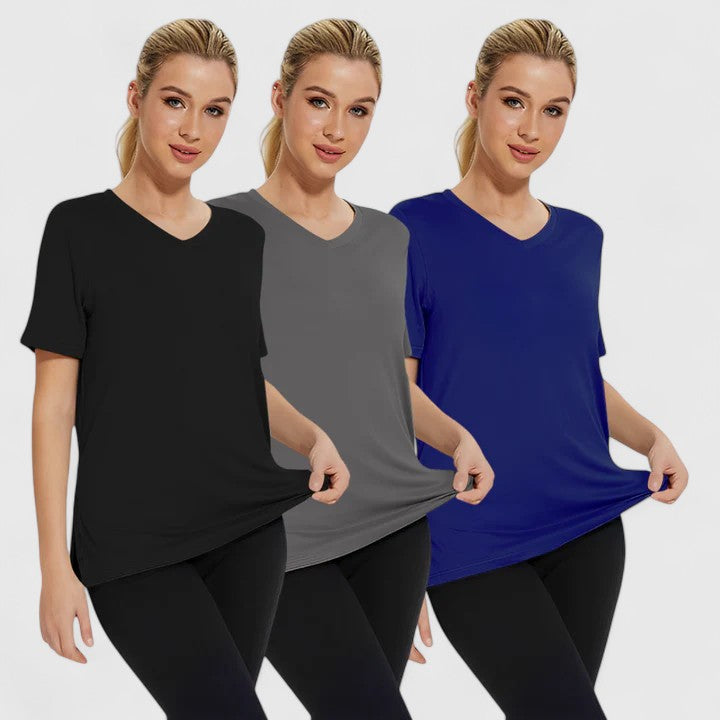 Set of three Emma & Rose Cape Town Samantha Essential Tees in black, grey, and pink, displayed flat with short sleeves.